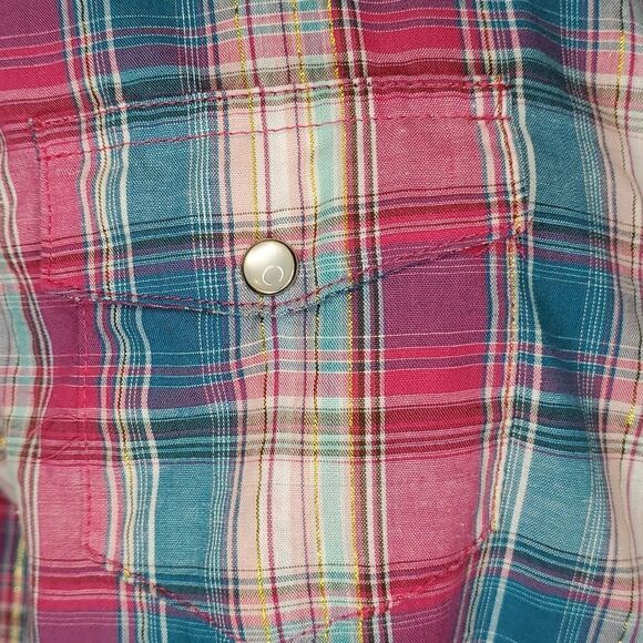 Wrancher Pink & Teal Gold Metallic Western Shirt, Pearl Snaps, Sz L - Picture 5 of 7